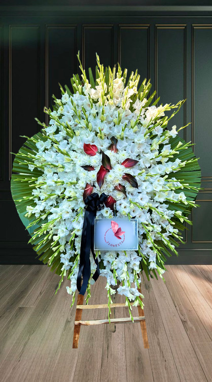 تاجگل ترحیم با گلهای سفید گلایل و طراحی با شکوه مناسب تسلیت و مراسم ختم