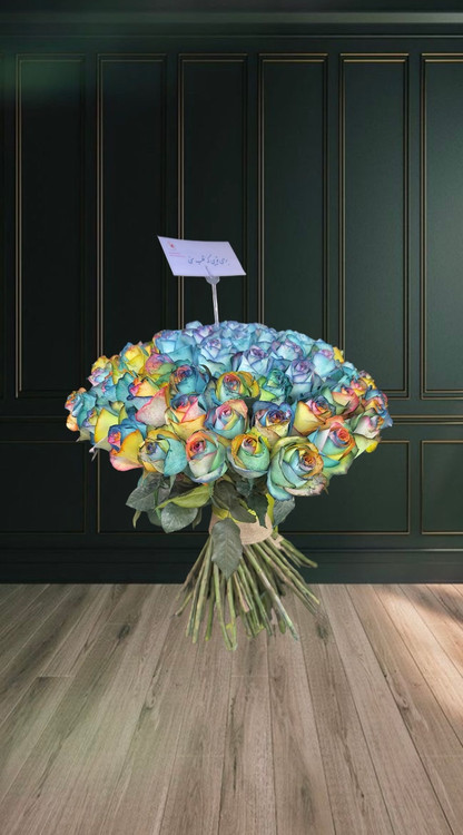 دستهگل 60 شاخه رز هفت رنگ با رنگ های متنوع وخاص مناسب هدیه عاشقانه-گلفروشی فلورسا