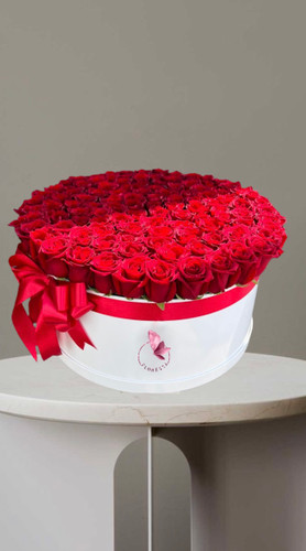 باکس گل رز قرمز ۱۰۰ شاخه در جعبه سفید گرد با روبان قرمز  مناسب برای تولد سورپرایز و مناسیت های خاص