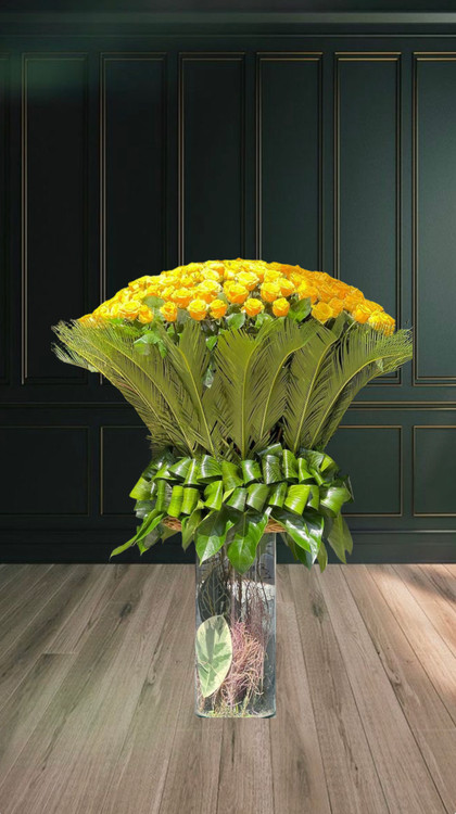 جام گل ۲۰۰ شاخه رز زرد در گلدان شیشه ای بلند با برگ ارایی سبز-گلفروشی فلورسا