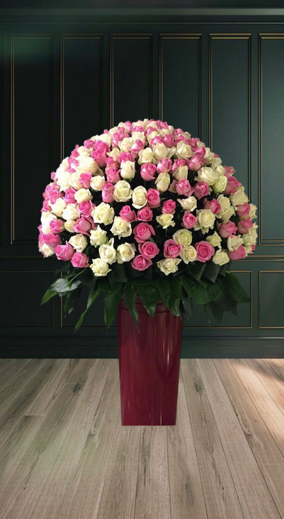 باکس گل رز ۱۵۰ شاخه سفید و صورتی در باکس فلزی زرشکی شیک مناسب هدیه عاشقانه و سورپرایز-گلفروشی فلورسا