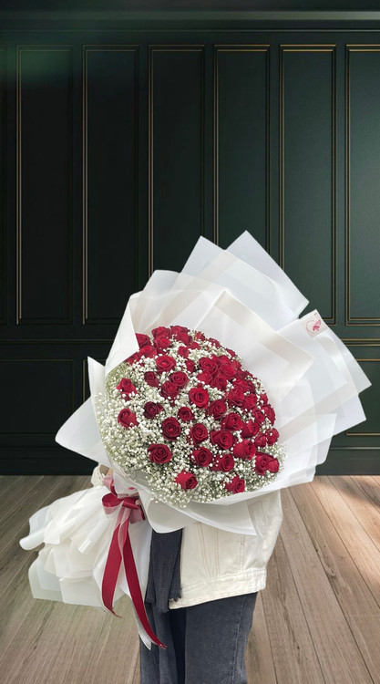 دسته گل ۵۰ شاخه رز قرمز هلندی با گل های سفید ژیپسوفیلا،پیچیده شده با کاغذ سفید و روبان قرمز مناسب هدیه عاشقانه