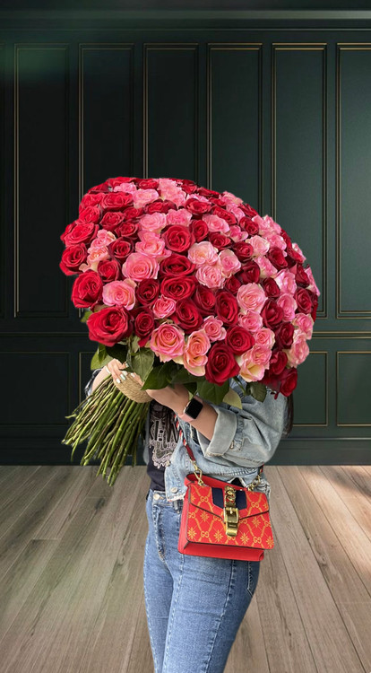 دسته گل بزرگ ۱۰۰ شاخه رز قرمز و صورتی با ساقه های بلند|ارسال فوری دسته گل در تهران