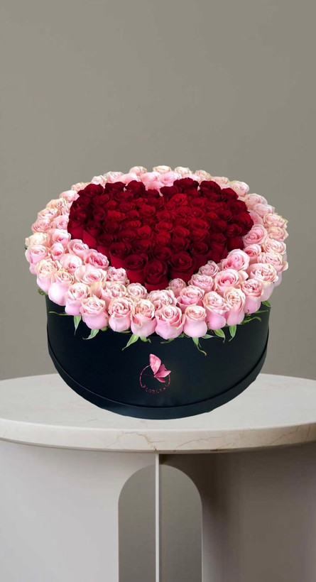 باکس گل رز ۱۰۰ شاخه قلبی صورتی و قرمز در باکس مشکی از گلفروشی فلورسا