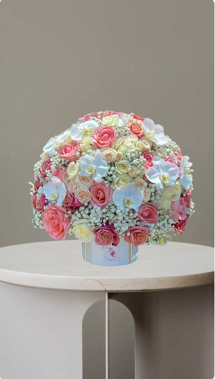 باکس گل رز و اکیده و ژیپسوفیلا با جام پایه بلند سفید|گلفروشی فلورسا