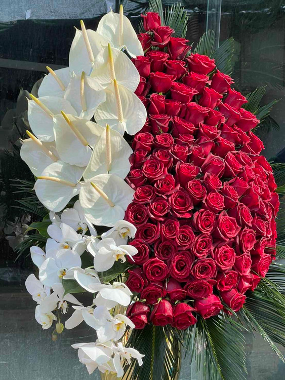 ارسال فوری جام گل بزرگ و لوکس با رز و ارکیده و انتوریوم