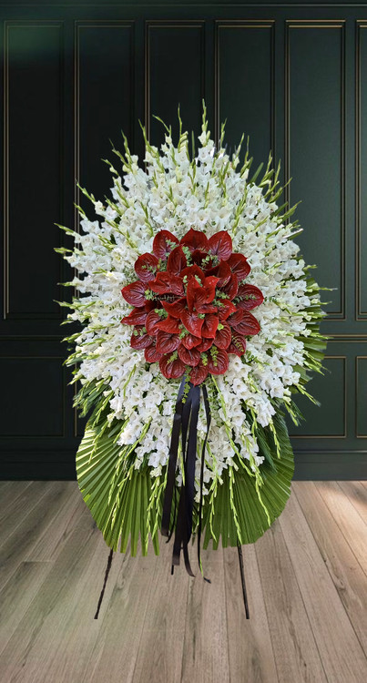 تاج گل یک طبقه گلایل سفید و آنتوریوم قرمز مخصوص مراسم ختم