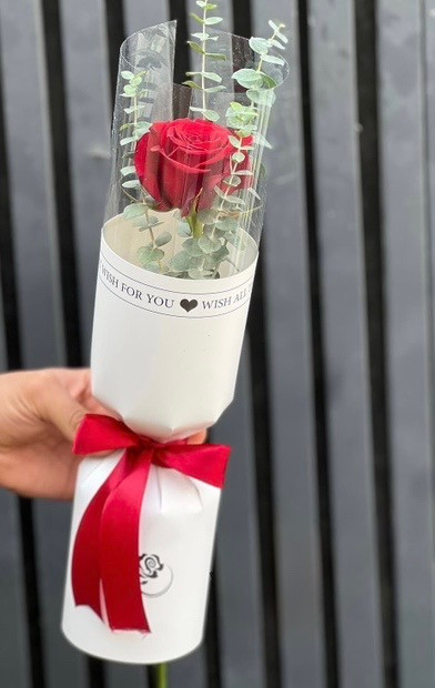 دستهگل رز قرمز تک شاخه در کاغذپیچی سفید با ارسال در تهران برای روز مرد و روز پدر